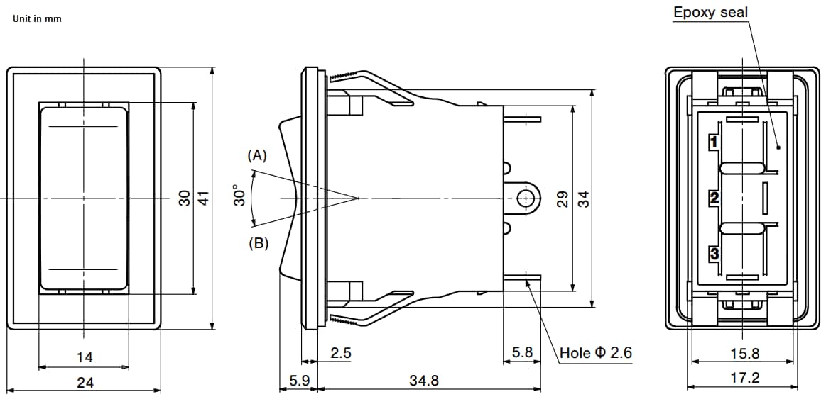 Mechanical Drawing - Nidec Components ELW Series Miniature Rocker Switches